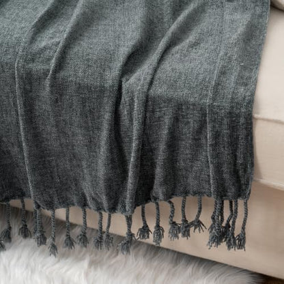 BATTILO HOME Dark Gray Chenille Throw Blanket for Couch, Soft Cozy Textured Knit Throw Blanket with Handmade Fringe Tassels, Lightweight Decorative Farmhouse Blanket for Sofa Bed Chair, 50"x60" | Soft Chenille Knit with Handmade Fringe Tassels, Lightweigh