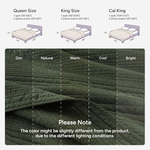 100% Cotton Queen Green Quilt Set, Striped Quilted Bedspread | Soft Lightweight Bedspreads Coverlets Set with 2 Pillow Shams, All Season Use, Soild Bedding for Bedroom, Guest Room, 90"x96" - color: 와이드스티치-아미 그린, size: 퀸(90 x 96인치)