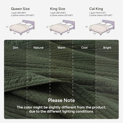 100% Cotton Queen Green Quilt Set, Striped Quilted Bedspread | Soft Lightweight Bedspreads Coverlets Set with 2 Pillow Shams, All Season Use, Soild Bedding for Bedroom, Guest Room, 90"x96" - color: 와이드스티치-아미 그린, size: 퀸(90 x 96인치)