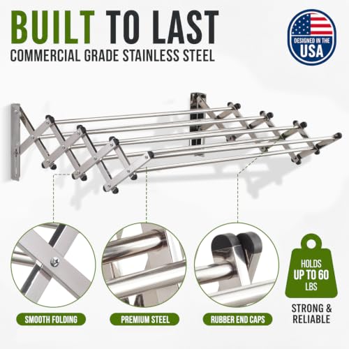 Wall Mounted Clothes Drying Rack | Adjustable to Fit Your Space | 20 Linear Feet Drying Capacity | 8 Stainless Steel Rods | 60 lb Capacity | Fully Assembled | Compact Space-Saving Design