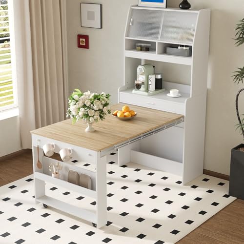 Wood Buffet Cabinet with Folding Dining Table, Craft Cabinet with Fold Out Table and Storage Shelf, Hooks, Multifunctional Cupboard for Small Places,Studio, Apartment (White+Natural) - color: White+natural