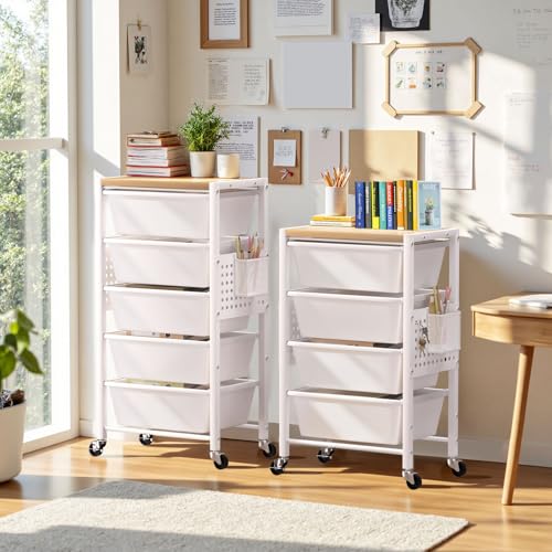 Rolling Cart with 5 Drawers, Plastic Drawer Storage Carts with Wheels & Wooden Tabletop, Metal Utility Cart with Pegboards, Office Living Room Classroom Craft Organization and Storage, Bright White - color: Bright White, size: 5-drawer