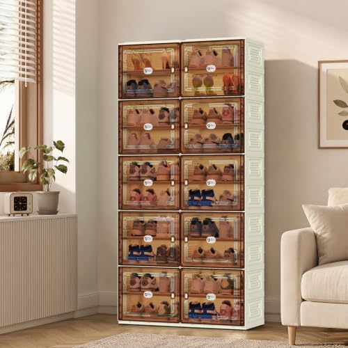 White Foldable Shoe Rack Organizer for 40 Pairs | Tool-free Assembly, Magnetic Clear Door, Anti-Tiping, Sneaker Storage, adjustable shelf, Folding Design, Garage, Entryway - size: 10Tier