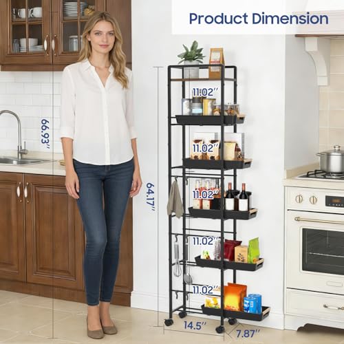 6 Tier Slim Storage Cart with Pull-Out Baskets Rolling Cart with Wheels Wood Top Narrow Utility Cart Metal Shelving Units for Pantry Laundry Room Bathroom Kitchen Black 8in(W) - color: Black, size: 6 Tier(8 inches)
