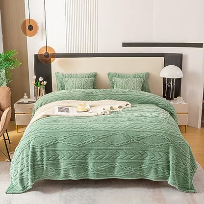 YUSOKI Sherpa Fleece Queen Size Blanket, Sage Green, 90"x90" | 3D Stylish Design,320GSM, Non-Shedding, Lightweight for All Season Use, stays fluffy after repeated washes, Perfect Gifts - color: Sage Green-(without Pillows), size: Queen (90" x 90")