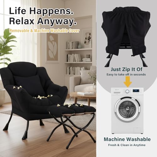 Lazy Chair with Ottoman, Comfy Reading Chair for Bedroom，Black | Comfy Bedroom Accent Chair with Washable Removable Cover and extra throw pillow for Living Room Dorm - color: Midnight Peach Black