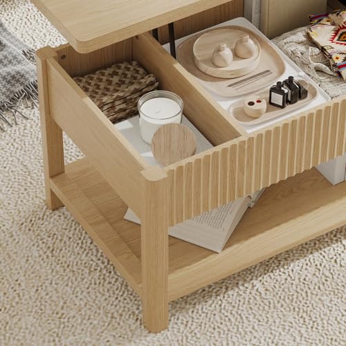 Lift Top Coffee Table,Wooden Rectangle Coffee Table with Hidden Storage Compartment,Open Shelf,Solid Wood Legs,Suitable for Living Room,Office (B-Lift Coffee Table-Oak) - color: B-lift Coffee Table-oak