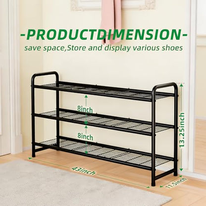 Ekisemio 3-Tier Long Metal Shoe Rack, Wide Stackable Shoe Organizer for Closet & Entryway, with Sturdy Wire Grid Storage Shelf for Bedroom, Black - size: 11.5"D x 43"W x 23.25"H