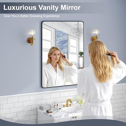 Krymnar 40"x30" Bathroom Vanity Mirror Over Sink, Black Rectangular Aluminum Frame with Rounded Corner(Small-Radius), HD Shatterproof Glass & Rust-Proof Wall Mirror for Bedroom, Living Room, Entryway - size: 40"L x 30"W