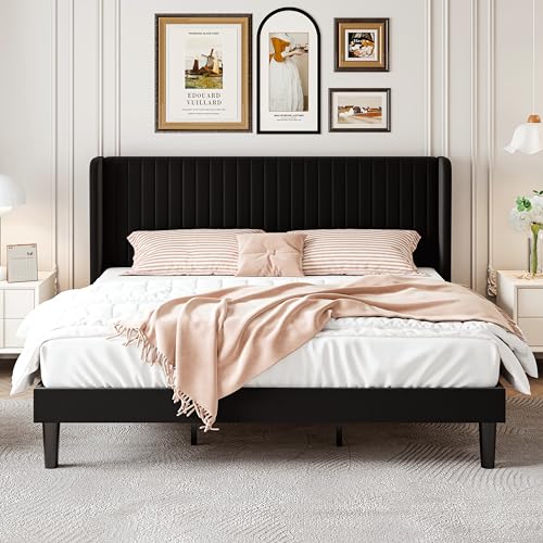 SHA CERLIN King Size Velvet Bed Frame, Tufted Wingback Headboard, Black | 47'' Modern Vertical Channel Headboard, Upholstered Platform Bed, Wood Slats, No Box Spring Needed, Easy Assembly, Noise Free - color: Black, size: King