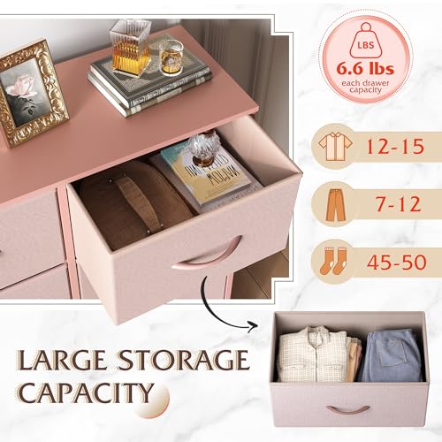 WLIVE Fabric Dresser for Bedroom, Tall Dresser with 8 Drawers, Storage Tower with Fabric Bins, Double Dresser, Chest of Drawers for Closet, Playroom, Dormitory, Pink and Rose Gold | Pink 8-drawer tall storage tower with fabric bins and wood tabletop, brea
