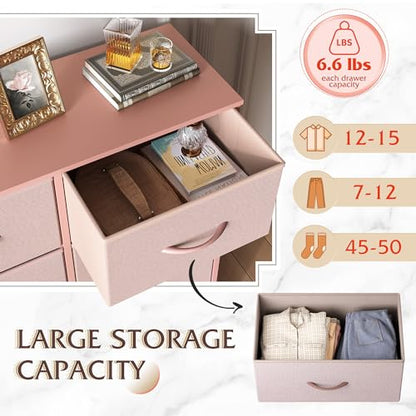 WLIVE Fabric Dresser for Bedroom, Tall Dresser with 8 Drawers, Storage Tower with Fabric Bins, Double Dresser, Chest of Drawers for Closet, Playroom, Dormitory, Pink and Rose Gold | Pink 8-drawer tall storage tower with fabric bins and wood tabletop, brea