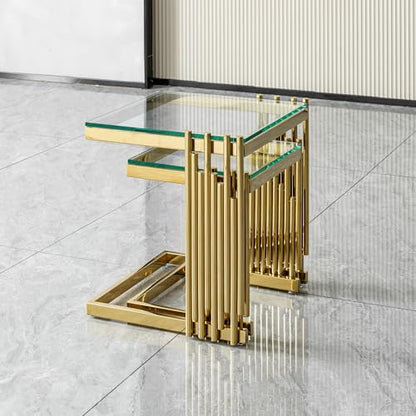 2-Piece Tempered Glass Coffee Table Set, Modern Nesting Tables with Gold Stainless Steel Frame, Space-Saving Accent End Tables for Living Room, Gold+Glass