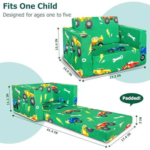 Kids Couch, 2-in-1 Kids Fold Out Couch | Convertible Sofa to Lounger for Girls and Boys, Soft Toddler Chairs Comfy 1-3 Years Old, Green Monster Truck - color: Green Monster Trunk