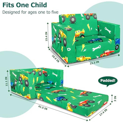 Kids Couch, 2-in-1 Kids Fold Out Couch | Convertible Sofa to Lounger for Girls and Boys, Soft Toddler Chairs Comfy 1-3 Years Old, Green Monster Truck - color: Green Monster Trunk