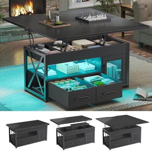 Itaar 40" Lift Top Coffee Table with Storage for Living Room, 4 in 1 Table | Black LED Expandable Coffee Table with 2 Fabric Drawers & LED Light & Hidden Compartmen for Dining Living Room Table - color: Black