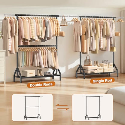 Double Rod Clothing Rack Load 622 LBS, Heavy Duty Clothes Rack for Hanging Clothes, 82.68 inch High Garment Rack with Sotrage Shelves, Metal Clothing Hanger Closet Wardrobe Organizer (Black) - color: Black