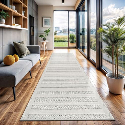 Modern Runner Rug 2x7 Luxury Striped Line Micro Loop Hallway Rugs Soft High-Low Pile Stain Resistant Easy to Clean Non-Shedding Durable Entryway Kitchen Indoor Area Carpet (White) - color: Linear / White, size: 2' x 7' (Rectangular)