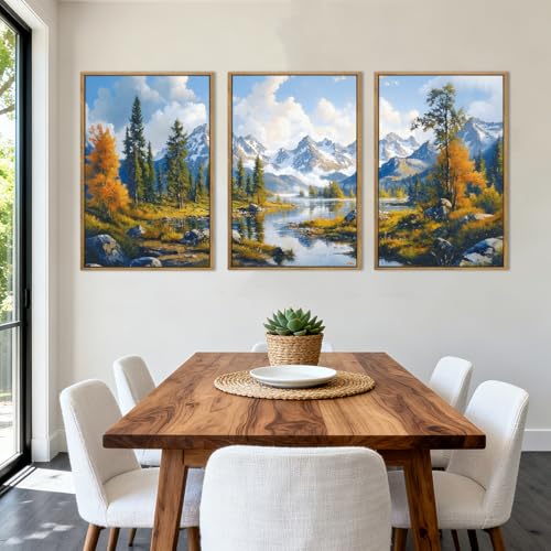 BINCUE Framed Mountain Landscape Wall Art Nature Forest Wall Decor Tree and River Art Print for Living Room Bedroom Office 16x24 Inches Set of 3 - color: Mountain Nature Landscape, size: 24"L x 16"W