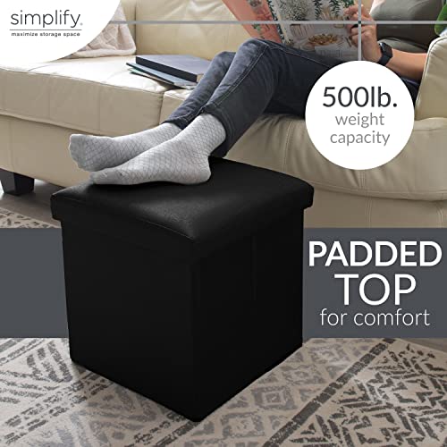 Simplify Faux Leather Folding Storage Ottoman | Single | Collapsible | Tufted Padded Seating | Foot Rest | Bench | Toy Box | Black - color: Black, size: 15"D x 15"W x 15"H
