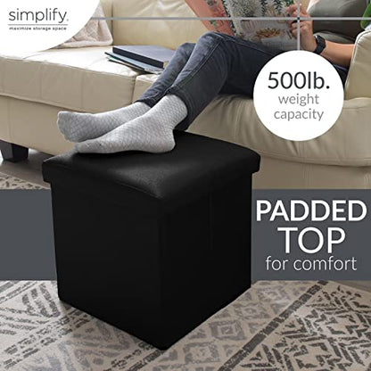 Simplify Faux Leather Folding Storage Ottoman | Single | Collapsible | Tufted Padded Seating | Foot Rest | Bench | Toy Box | Black - color: Black, size: 15"D x 15"W x 15"H
