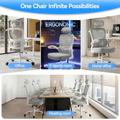 Ergonomic Office Chair, Desk Chair with Adjustable Lumbar Support | High Back Breathable Mesh Computer Chair with Adjustable Headrest,Hanger,Flip Up Armrest and Rocking Function for Home Office - color: Grey