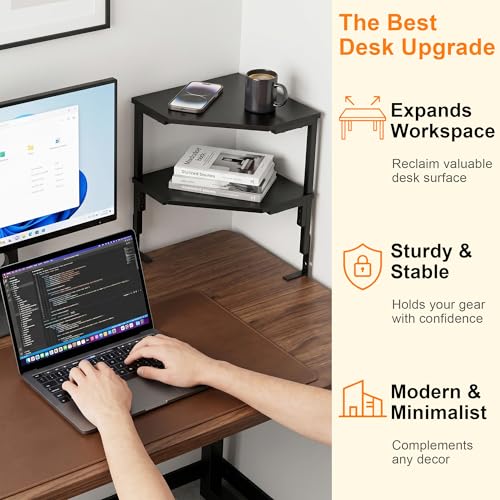 2-Tier Clamp on Desk Shelf Adjustable Desktop Storage Desk Rack | Wood Clamp on Desk Organizer Shelf, Floating Corner Shelf for Desk Accessories and Gaming Devices