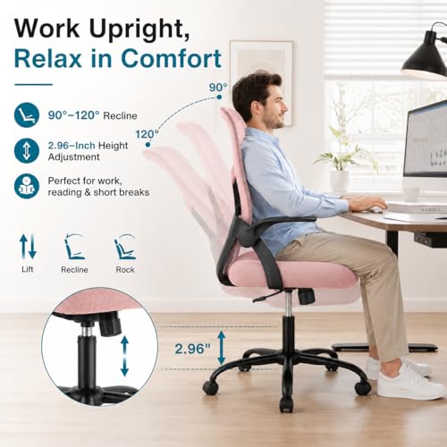 Ergonomic Office Chair, Home Office Desk Chair, Breathable Mesh Desk Chair with Adjustable Lumbar Support and Flip-up Armrests, Game Chairs, 360° Swivel Desk Chairs for Conference, Meeting Room(Pink) - color: Pink
