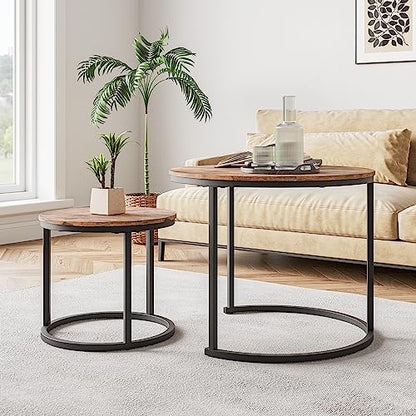 HOJINLINERO Round Nesting Coffee Table Set of 2,Small Coffee Table,Brown | Center Table for Living Room,Small Apartment,Small Space,Stacking Side Tables,Sturdy Easy Assembly,Rustic Brown Wood Tabletop - color: Brown, size: Small