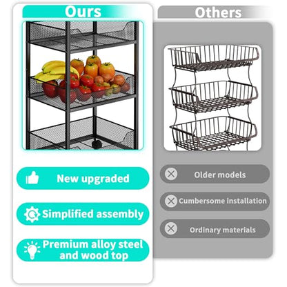 HapiRm Fruit Basket Kitchen Cart - 4-Tier Rolling Storage Cart with Wheels, Fruit Vegetable Basket with Wood Top, Pantry Utility Kitchen Organizer for Fruit Potato Onion Vegetable Bread Snack - color: Black
