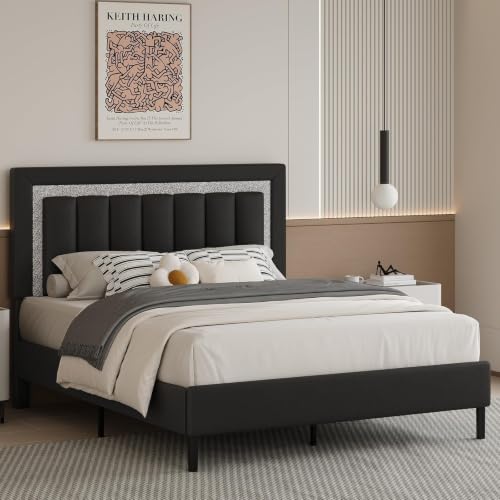 HOMBCK Queen Bed Frame with Headboard, Bed Frame Queen Size with Diamond Vertical Design,Platform Bed Frame with Faux Leather Upholstered,Wooden Slats - No Box Spring Needed, Black - color: Black, size: Queen