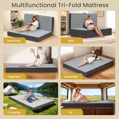 Tri Folding Mattress Twin Size - 6 Inch Dual-Layer Memory Foam Foldable Mattress Portable Futon Sofa Bed with Removable Washable Cover, Handle & Non-Slip Bottom for Guest, Camping, RV, Yoga, Home Use - size: Tw"