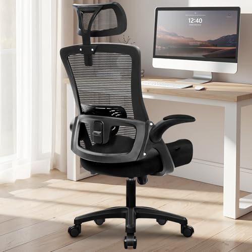 NEO CHAIR Office Desk Chair with Ergonomic High Back Headrest, Mesh Black | Adjustable Headrest and Lumbar Support with Flip-Up Armrests Designed for Extended Sitting Comfort While Saving Space - color: Mesh Black