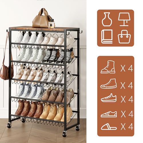 6 Tier Rotating Vertical Shoe Rack Tower, Wooden Shoe Storage Organizer with Hooks, Sturdy Metal Narrow Shoe Shelf for 18-24 Pairs, Vertical Shoe Organizer for Closet Entryway, Rustic Brown - size: 6-tier(27.8 × 11.2 × 38.6)