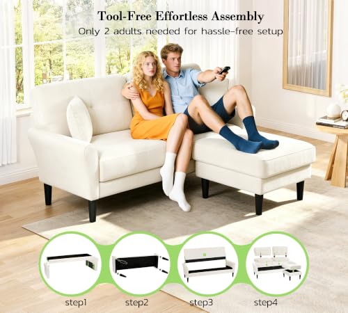 Kidirect Small Sectional Couch, 69" L Shaped Couch, Sectional Sofa, White | Comfy Velvet Couch, Tool-Free Setup, 750lb Max Load, Movable Ottoman, Ideal for Living Room, Bedroom, Apartment, Office - color: White, size: 69" L Shape