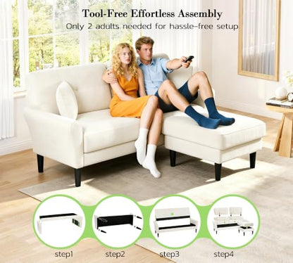 Kidirect Small Sectional Couch, 69" L Shaped Couch, Sectional Sofa, White | Comfy Velvet Couch, Tool-Free Setup, 750lb Max Load, Movable Ottoman, Ideal for Living Room, Bedroom, Apartment, Office - color: White, size: 69" L Shape