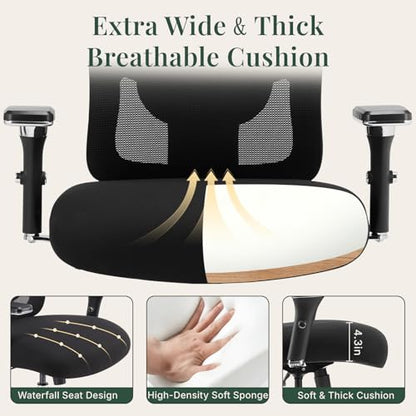 DUMOS Big and Tall Office Desk Chair, Ergonomic Mesh Computer Chair | Comfortable Lumbar Support, 4D Armrest, 500lbs Heavy Duty, Wide Seat, 360° Swivel Rolling Wheels, Adult, Ink - color: Ink
