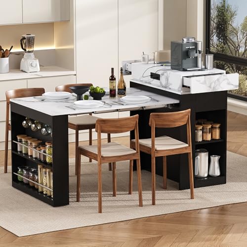 Extendable Dining Table with Folding Tabletop & Power Outlet, Modern Kitchen Island Sideboard with Wheels, Hidden Drawers & USB Charging, Sturdy Buffet Table for Small Spaces (Black) - color: Black