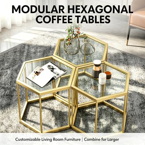 Hexagonal Modular Coffee Table, Gold Plated Frame, Tempered Glass Top, Geometric Accent Side Table, Multi-Purpose Nesting Table for Living Room Bedroom, Set of 3 - size: 3 Piece