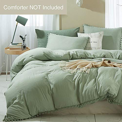ETDIFFE Sage Green Boho Duvet Cover Set Twin Size, 2 Piece, 68x90 Inch | Bohemian Pompom Microfiber Bed Comforter Cover Set, Farmhouse Soft & Lightweight Bedding Quilt Cover - color: Sage Green, size: Twin (One Pillowcase, No Comforter)