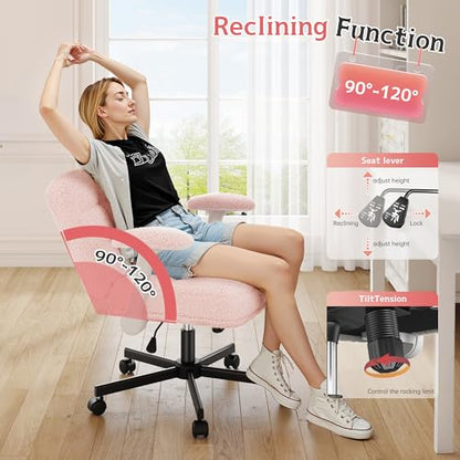 DurayLoly Criss Cross Chair with Wheels and Flip-up Arms | 360° Swivel,Plush Teddy Fabric Cross Legged Chair, Adjustable Height for Bedroom, Home Office, Apartment,Vanity,Pink - color: Light Pink