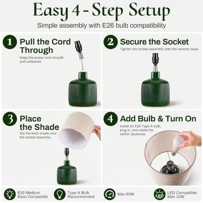 Glazed Ceramic Table Lamp, 17.5" Rustic Farmhouse Bedside Lamp with Beige Linen Shade, Warm Ambient Nightstand Lighting for Bedroom or Living Room, Dark Green Glossy
