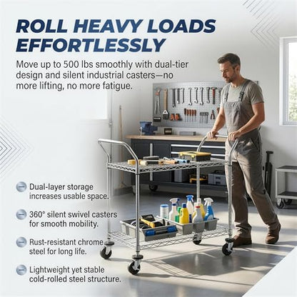 Finnhomy 2-Tier Commercial Grade Rolling Cart, Heavy Duty Utility Cart, Carts with Wheels and Handles, Kitchen Cart on Wheels, Metal Serving Cart with 500 lbs Capacity, Shelf Size 20" D x 36" W, NSF - size: 20"D x 43.9"W x 39.3"H