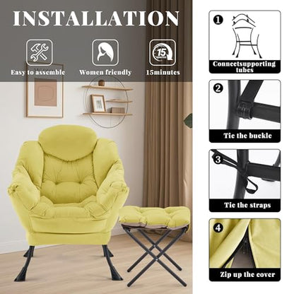 Lazy Chair with Ottoman, Comfy Reading Chair, Yellow | Cushioned Seat with Foldable Ottoman and Side Pocket, Lounge Chair for Bedroom, Living Room, Dorm and Small Spaces - color: Yellow