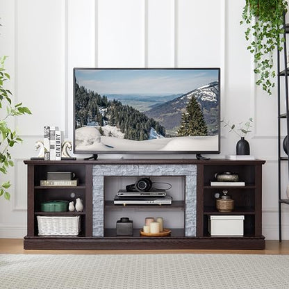 70 inch TV Stand for 75 inch TV, Cherry Wood Media Console with Faux Stacked Stone Surround, Large Entertainment Center with Storage Cabinets and 6 Cable Management Holes for Living Room - color: Cherry