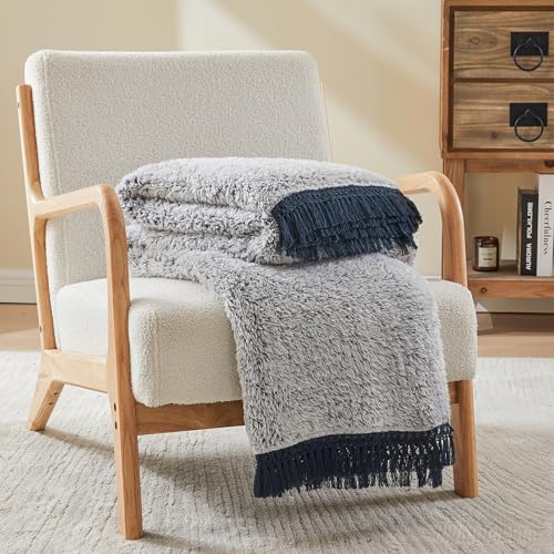 EMME Soft Sherpa Fleece Blanket with Tassel, Reversible Plush Fluffy Large Blanket, Light Weight Warm Decorative Boho Blanket Cover for Sofa, Couch, Bedroom,Travel(Tassel Navy,50"x60")