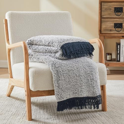EMME Soft Sherpa Fleece Blanket with Tassel, Reversible Plush Fluffy Large Blanket, Light Weight Warm Decorative Boho Blanket Cover for Sofa, Couch, Bedroom,Travel(Tassel Navy,50"x60")
