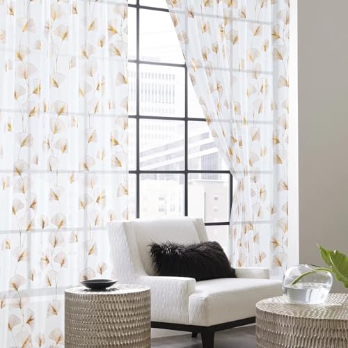 Gold Foil Print Sheer Curtains 96 inches Long, 2 Panels Ginkgo Bronzing Treatment Sheer Curtain, Rod Pocket Window Treatment Panels for Bedroom Living Room - color: Ginkgo/Gold/White, size: 42"W x 96"L (Pack of 2)
