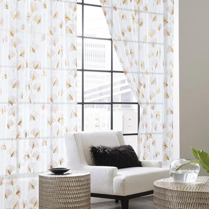 Gold Foil Print Sheer Curtains 96 inches Long, 2 Panels Ginkgo Bronzing Treatment Sheer Curtain, Rod Pocket Window Treatment Panels for Bedroom Living Room - color: Ginkgo/Gold/White, size: 42"W x 96"L (Pack of 2)