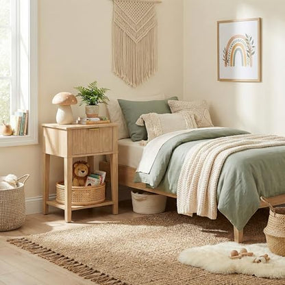 FuniXpress Small Nightstand, 15" Wide, Drawer and Shelf, Natural Oak Fluted | Light oak tone, clean fluted front, 11.8-inch slim depth, smart storage, fits bedside, sofa side, or small spaces - color: Natural Oak